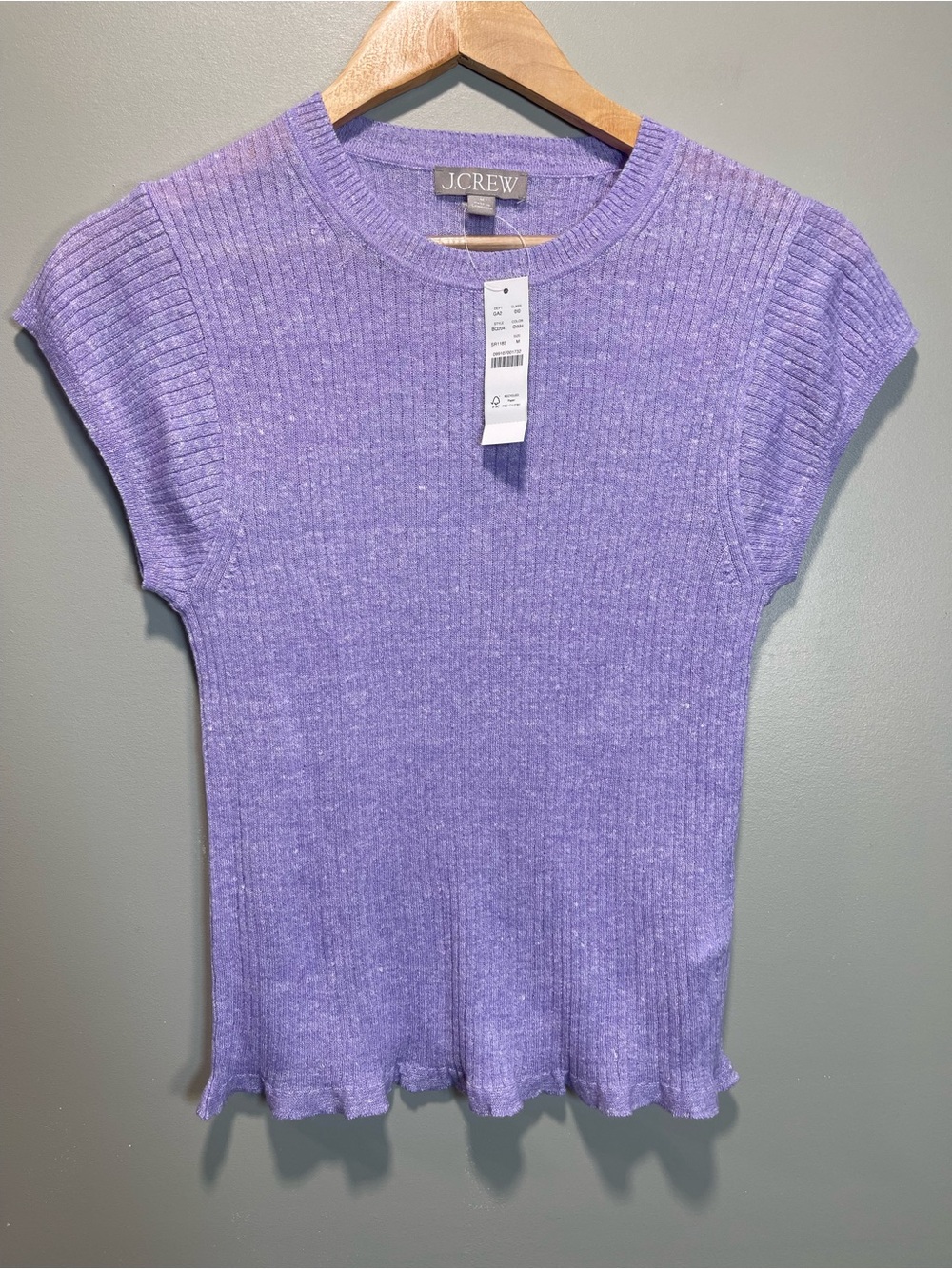 J. Crew Lavender Ribbed Short-Sleeve Top-Merino Wool and Linen